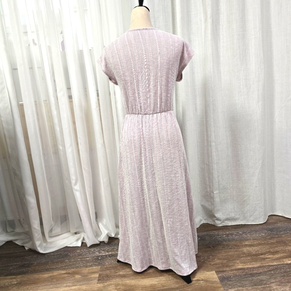 2/$30 Petal Pink & White Stripe Faux Wrap Midi Dress Super Soft Womens Size M - Picture 6 of 10